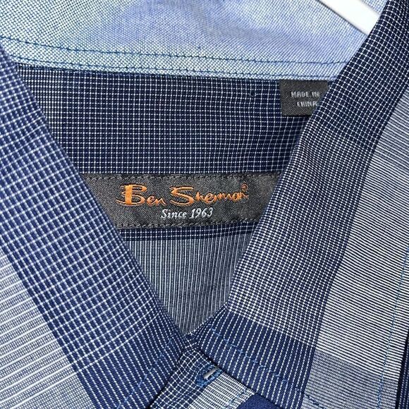 Nice Ben Sherman Blue Patchwork print check plaid SS summer Party Shirt L men’s - Picture 3 of 7